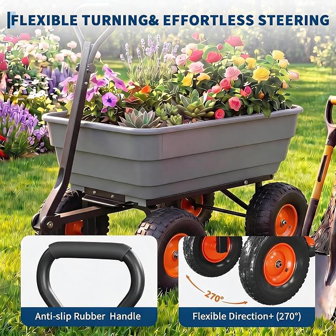 1200 lb Poly Garden Dump Cart, Wheelbarrow Yard Cart with 13 in Wheels, Quick-Dump & Towable Utility Wagon with Convertible Handle for for Yard, Soil, Rocks（Gray）