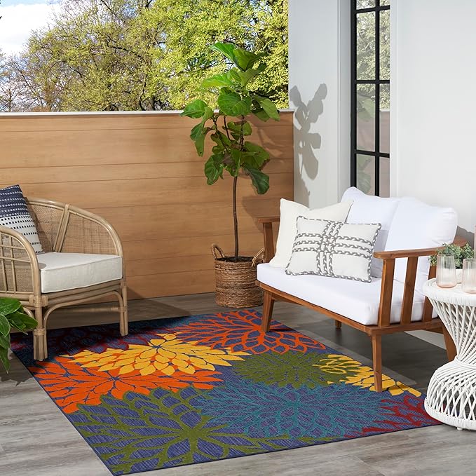Nourison Home Aloha Indoor-Outdoor Navy Multicolor 6' x 9' Area Rug, Easy-Cleaning, Non Shedding, Bed Room, Living Room, Dining Room, Backyard, Deck, Patio (6x9)