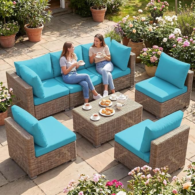 pickyNproud 14Pcs Patio Cushion Covers Stretch Outdoor Couch Cushions Slipcovers Replacement Washable Furniture Protector with Elastic Bottom Sofa Chair Seat Cover, Aqua Blue