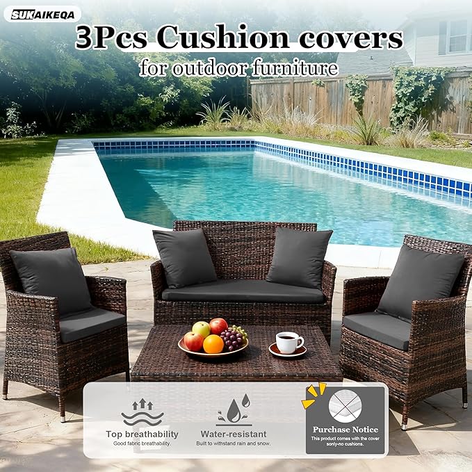 Waterproof 3-Piece Patio Sofa Cushion Cover Set - Replacement Covers for Outdoor Wicker Furniture, Bench & Seat Cushions with 4pcs Throw Pillow Cover