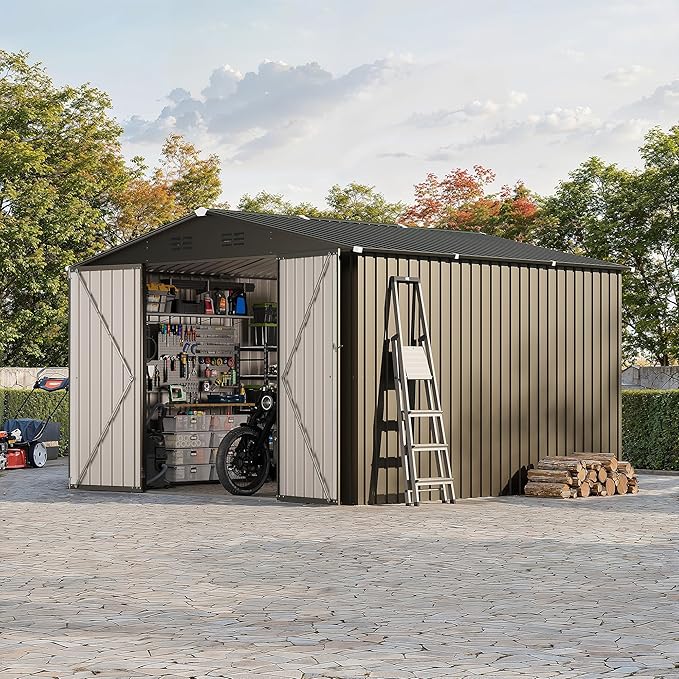 Garvee 10 X 10 FT Outdoor Storage Shed,Metal Garden Sheds&Outdoor Storage Clearance, Large Outdoor Storage Shed for Tools, Lawn Equipment, Garden Supplies - All Weather Lockable Metal Shed
