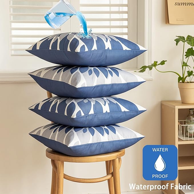 Qahing Pack of 4 Outdoor Waterproof Pillow Covers 22x22 Decorative Outdoor Throw Pillows Garden Square Cases for Patio Furniture, Couch, Tent Sunbrella, Bench, Blue Grey