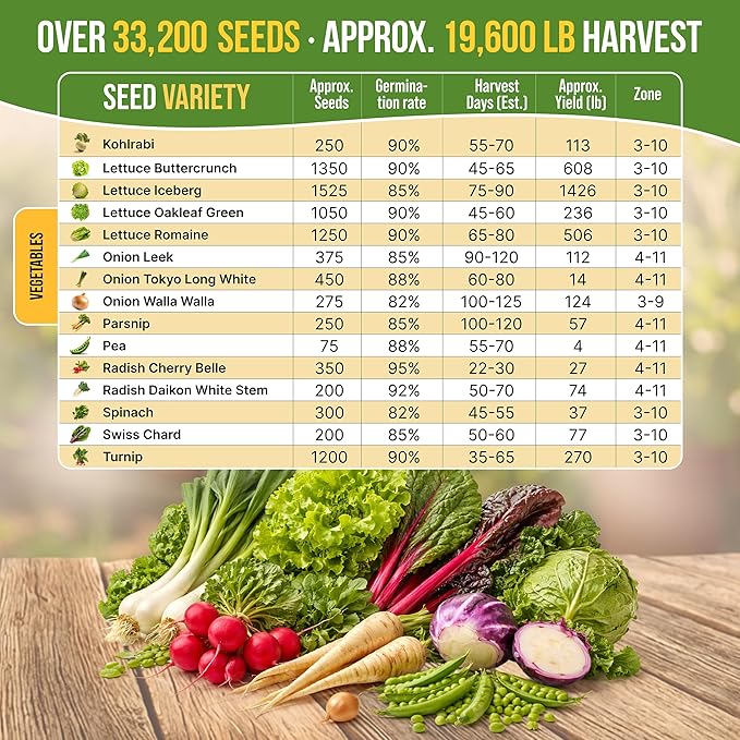 Organo Republic 30 Most Popular Winter Vegetable Garden Seeds Variety Pack- Outdoors/Indoor 33,200+ Non-GMO Heirloom Veggie Seeds Broccoli Beet Carrot Cabbage Chives Lettuce Radish Pea Spinach & More