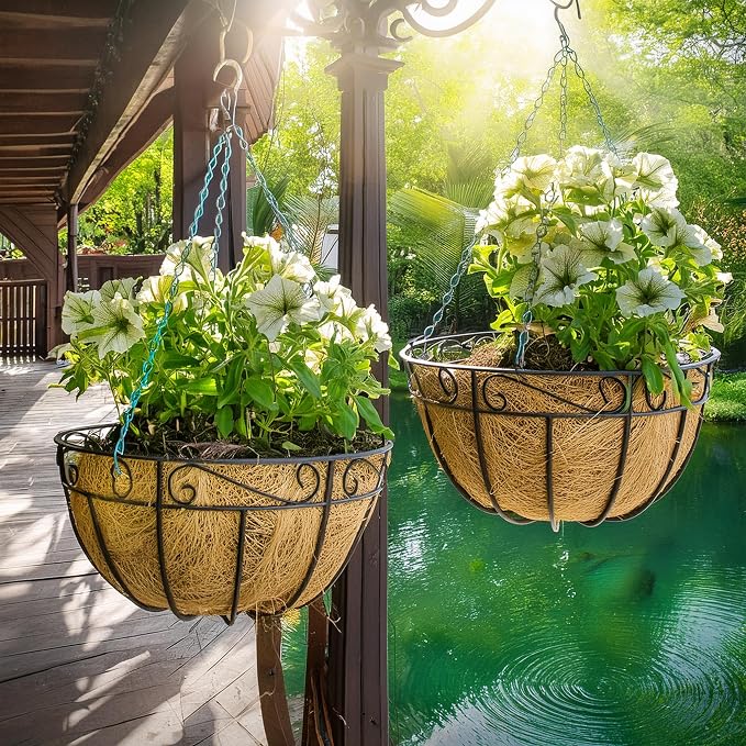 Ashman 16 Inch Metal Hanging Planter Basket with Coco Coir Liner Round Wire Plant Holder Chain Porch Decor Flower Pots Hanger Garden Decoration Indoor Outdoor Watering Hanging Baskets (4 Pack)