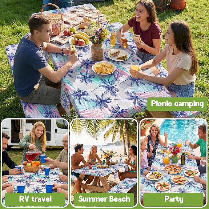 Picnic Table Cover with Bench Covers Waterproof Fitted Table Cloth Tablecover Camp Camper Camping Essentials Outdoor Beach Summer River Water Motorhome Trailer Road Trip Tent Rv Car Travel Activities