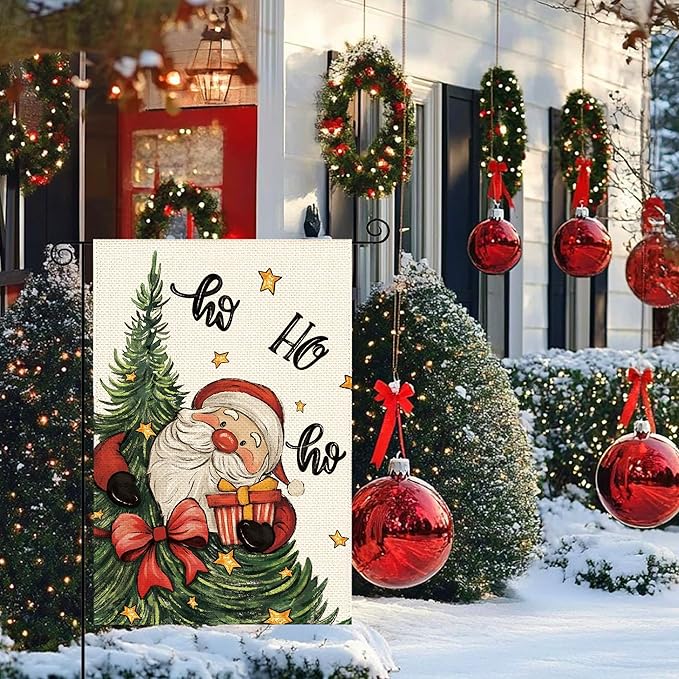Christmas Tree Santa Claus Welcome Garden Flag 12x18 Inch Double Sided, Xmas Holiday Winter Burlap Small Yard Flag Farmhouse Flags Seasonal Patio Outdoor Outside Decoration