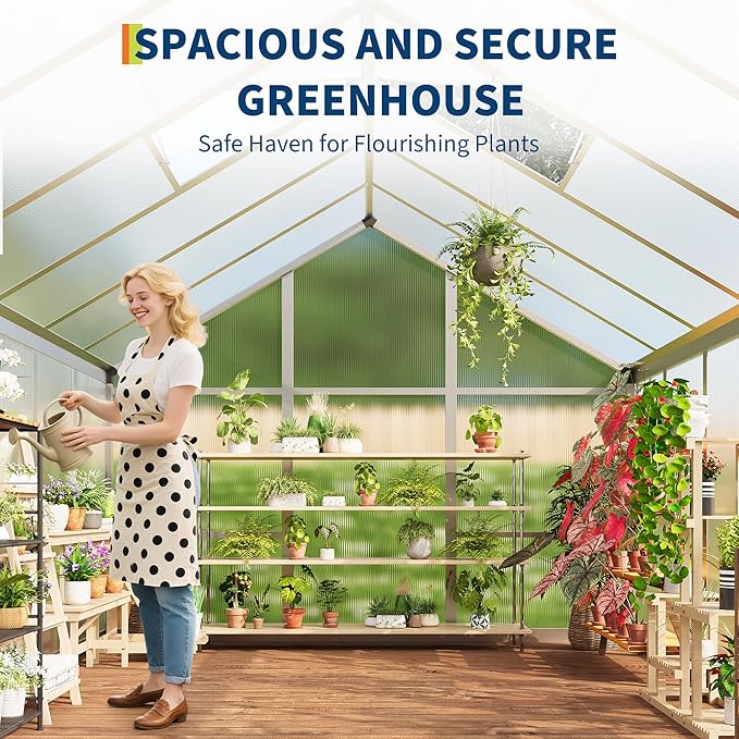 Garvee 8 x 12 ft Greenhouse, Greenhouses for Outside, Polycarbonate Greenhouse with Aluminum Frame, Lockable Door and Ajustable Roof Vent for Backyard, Green Houses for Outside Garden Backyard, Patio