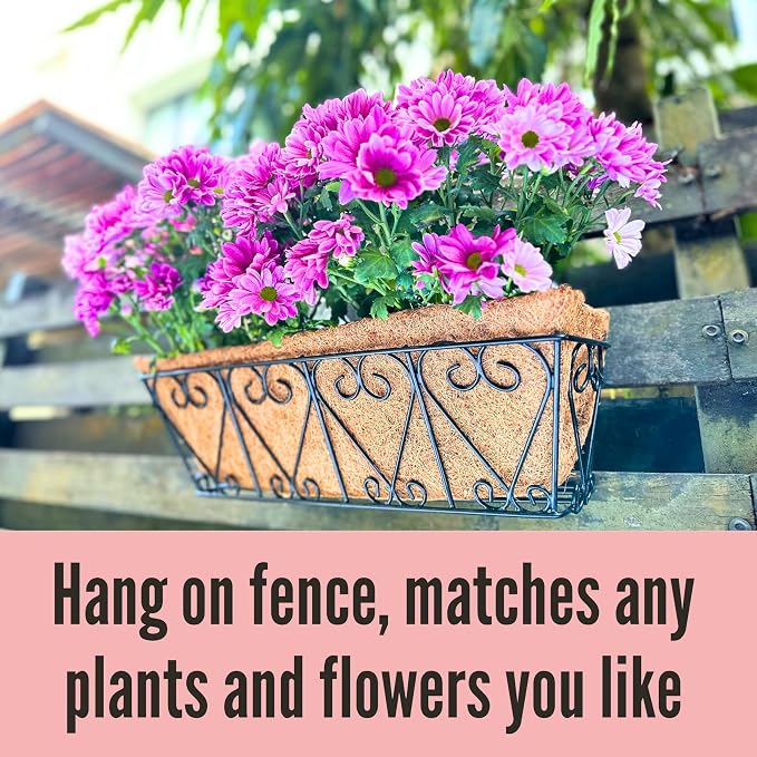 LaLaGreen Wal Planters - 4 Pack, 16 Inch Deck Railing Hanging Basket, Window Flower Boxes Outdoor Black Metal Plant Pot Holder Coco Liner Fence Planter Balcony Garden Patio Porch Farmhouse Boho Decor