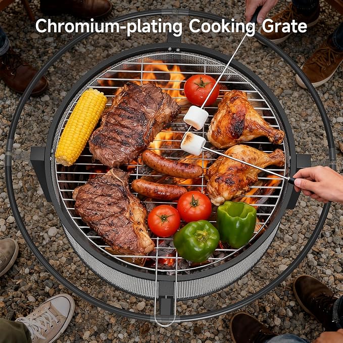 ONBRILL 2-in-1 36 Inch Fire Pit with Cooking Grill, Outdoor Wood Burning Firepit with Poker for BBQ, Bonfire, Picnic, Party, Round Metal Fire Pit for Outside, Backyard, Patio