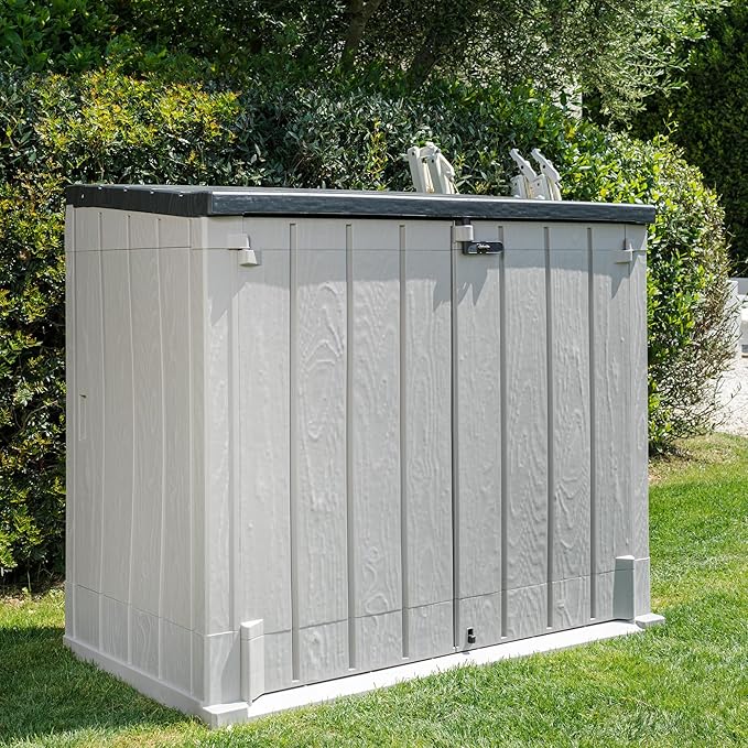 Toomax Stora Way All Weather Outdoor XL Horizontal Storage Shed Cabinet for Trash Can, Garden Tools, and Yard Equipment, Taupe Gray and Anthracite