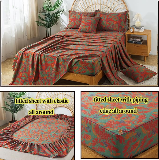 FADFAY Floral Sheets Set Queen Vintage Red Green Floral Bedding Shabby Maple Leaf Farmhouse Bedding Super Soft Washed Double -Layer Muslin Sheets 100% Cotton Deep Pocket Fitted Sheet 4Pcs, Queen Size
