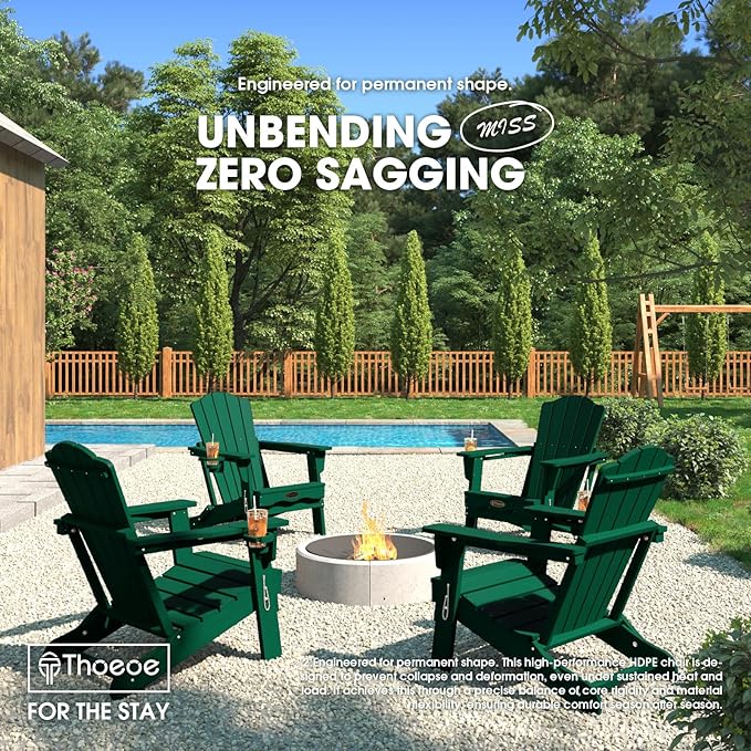 THOEOE Folding Adirondack Chair, HDPE All-Weather Outdoor Chair with Cup Holder, Wooden Textured, Fire Pit Chair, Plastic Patio Chair for Deck, Backyard, Garden, Lawn, Green