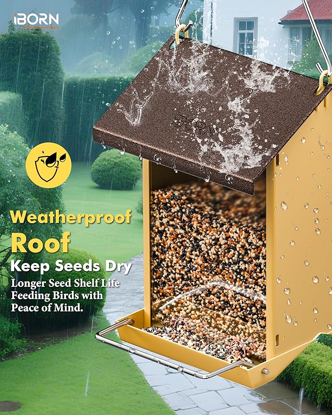 iBorn Bird Feeders for Outdoors,Bird Feeder with Weatherproof Metal Roof & 8 Drain Holes,Fully Detachable Birdfeeder Design,Easy to Refill & Clean,Chew-Proof PC Windows,3.2 Lbs Capacity,Coffee Roof