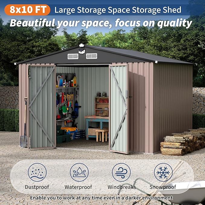 Outdoor Storage Shed, 8x10 ft Metal Garden Shed with Air Vent & Lockable Door, Outdoor Storage Shed for Yard, Patio, Lawn, Rust-Resistant Utility Shed, Easy Assembly & All-Season Use
