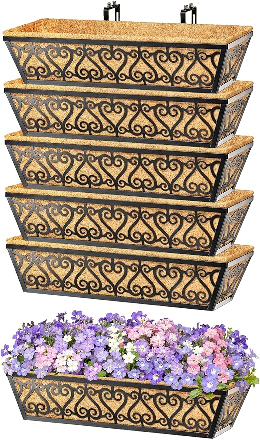 6 Pack 24 Inch Deck Railing Planter Box - Window Boxes Planters with Adjustable Brackets Coco Liners Balcony Planters Railing Hanging for Window Flower Boxes Outdoor Garden Decor