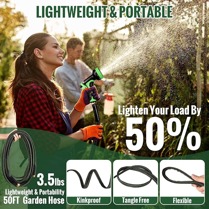 Garden Hose 50ft Flexible Water Hose Non-Expandable High Pressure Kink-Free Leakproof Durable Portable Lightweight Outdoor Yard Lawn Black Fabric Watering Hose with 3/4" Aluminum Fittings
