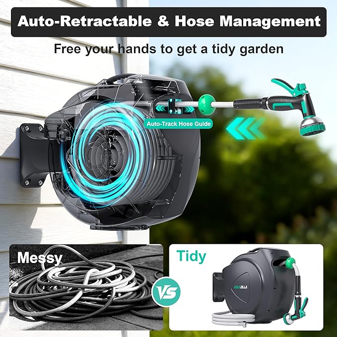 Retractable Garden Hose Reel, 65FT +6FT 5/8" Durable Wall Mounted Water Hose Reel with 180° Swivel Bracket, 9 Pattern Sprayer, 6Ft leader hose,Smooth Automatic Rewind, Any Length Lock.