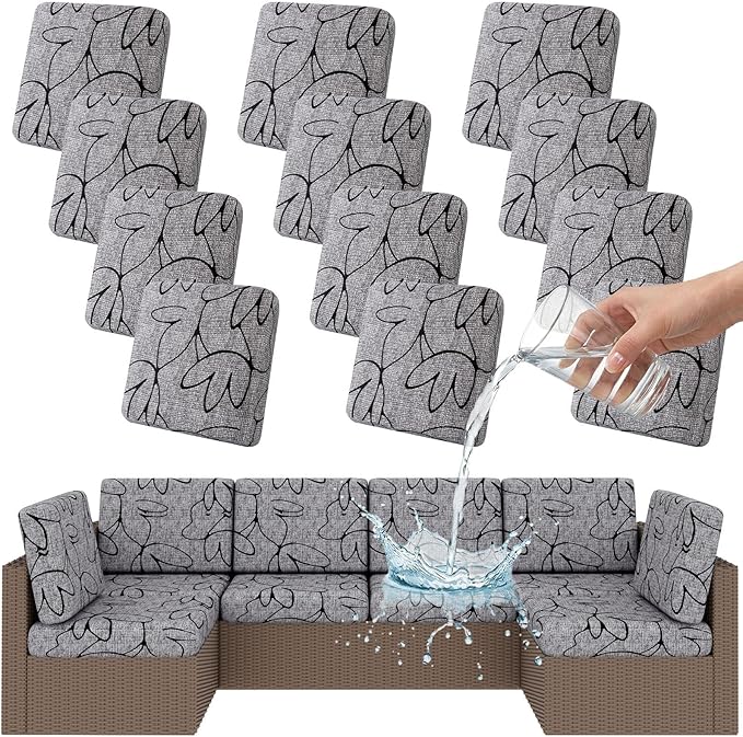Smiry Waterproof Patio Cushion Covers, Stretch Outdoor Couch Slipcovers Replacement Washable Furniture Protector Sofa Chair Seat Cover for Dogs and Pets (12 Pcs, Grey and Black)