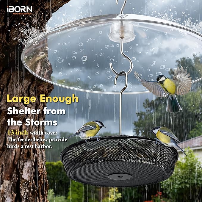 iBorn Hanging Bird Feeder Tray & Rainroof Cover, Bird Feeder Bowl with 13”Bird Feeder Cover for Rain Guard, Chew-Proof Polycarbonate & Thick Metal Hanger, Easy to Refill & Clean, Transparent & Black
