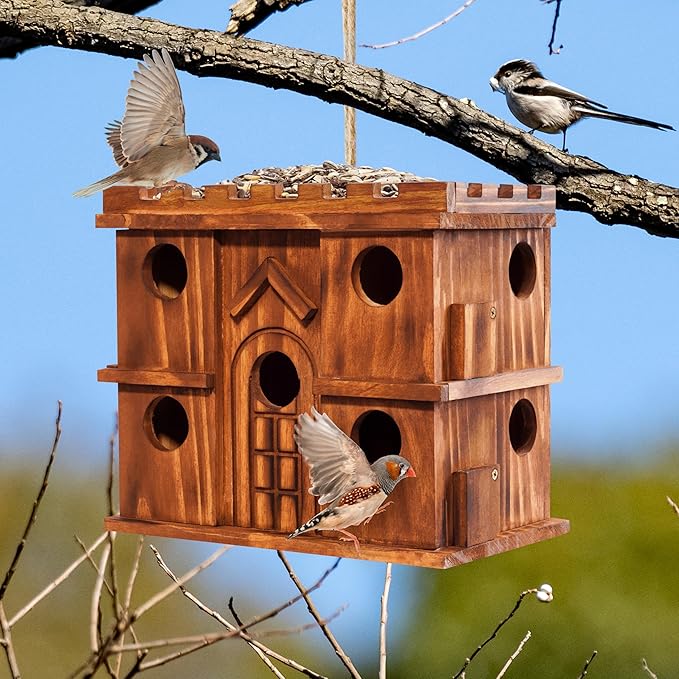 MIXUMON Wooden Bird Houses for Outside – 9 Rooms Large Bird House, Carbonized Pine Rustic Finish, 1.5" Entrance Holes, Cleaning Doors, Outdoor Birdhouse Nesting Box (Rustic, 9 Rooms)