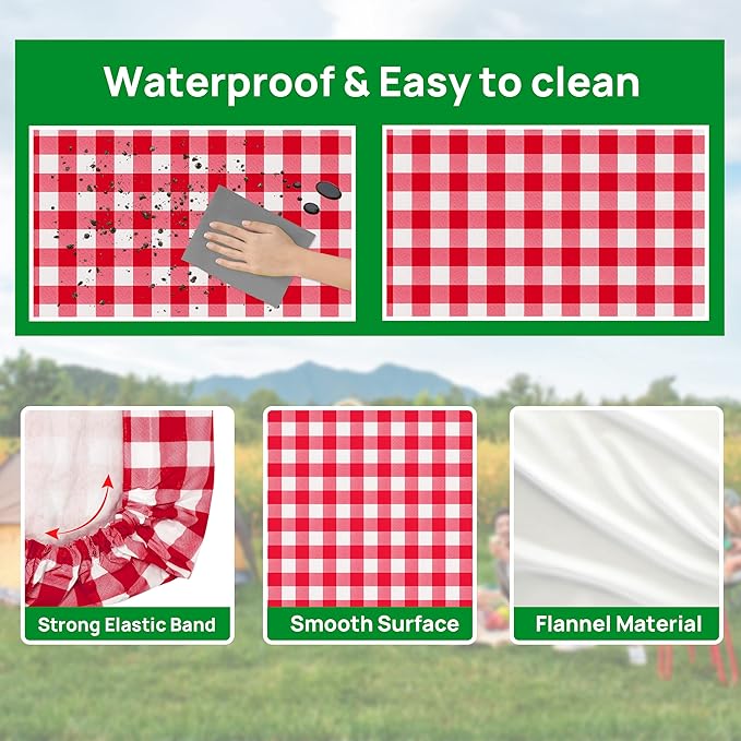 RNOONY Vinyl Fitted Picnic Table Cover with Bench Covers and Bag,8ft Outdoor Waterproof Picnic Tablecloth with Elastic Edges, 96x30 Inches 3 Pcs Set (Red Checkered)