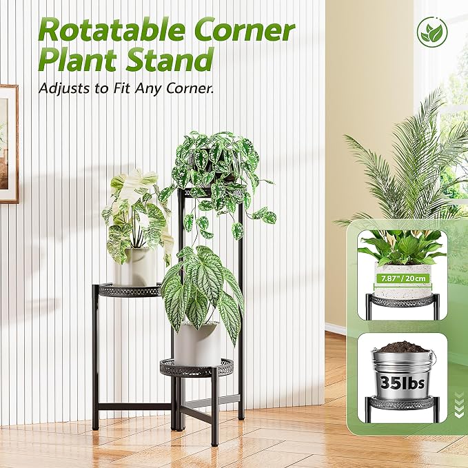 Plant Stand Indoor Outdoor, 3 Tier Corner Metal Flower Display Holder Shelf, Folding Tall Plant Rack for House Patio Balcony Porch Living Room, Heavy Duty Anti-Rust Wrought Iron - BlackS
