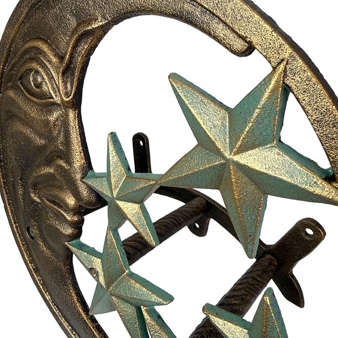 Zeckos Hose Hanger Cast Iron Celestial Moon Face and Stars Wall Mounted Garden Hose Holder, 11.5 X 11.5 Inches, Antiqued Bronze Finish, Hardware Included, 75 Foot Capacity