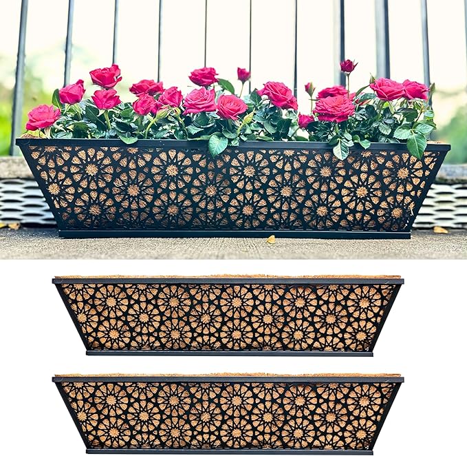 LaLaGreen Window Boxes Planters for Outdoor Plants (24 Inch, 2 Pack) Large Fence Hanging Planter Metal Deck Railing Flower Box with Coco Liner, Trendy Horse Troughs Balcony Pots Patio Porch Over Rail