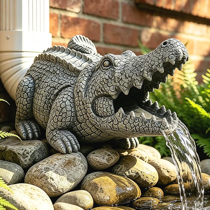 Teaeeno Alligator Decor Statue Gutter Downspout Extension Decorative,Crocodile Gutter Animal Statue Outdoor Decor,3"×4" Rain Gutter Downspout Splash Block,Garden Splash Block Outdoor Sculpture (Stone)
