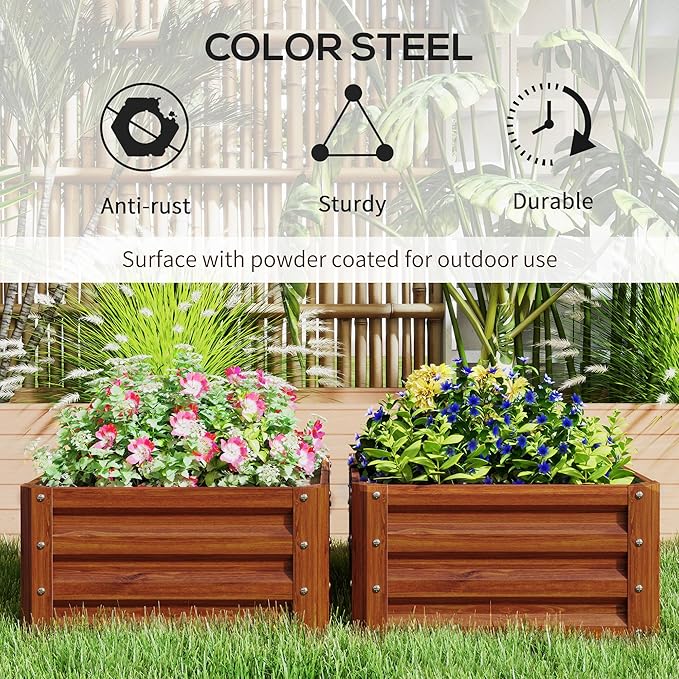 Outsunny 2 Piece Galvanized Raised Garden Bed, 2' x 2' x 1' Metal Planter Box for Growing Vegetables, Flowers, Herbs, Succulents, Brown