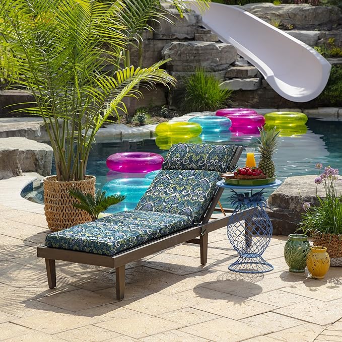 Arden Outdoor Chaise Cushion, 22 x 77, Rain-Proof, Fade Resistant Sapphire Aurora Blue Damask