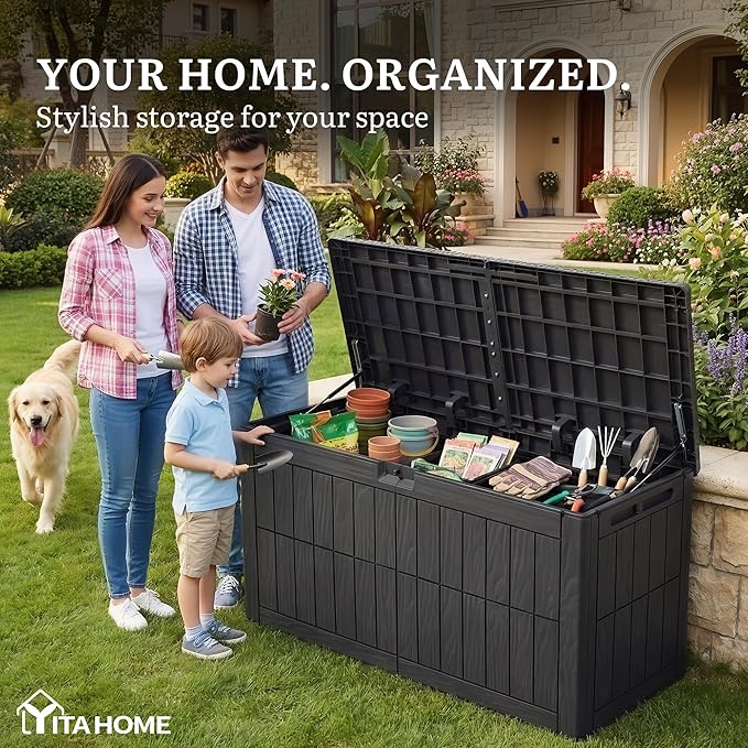YITAHOME 110 Gallon Outdoor Deck Box, Waterproof Resin Storage Box with Lock, Lockable Patio Furniture Bin, 2-Person Bench Seating for Outdoor Cushions, Garden Tools & Sports/Pool Supplies, Dark Gray