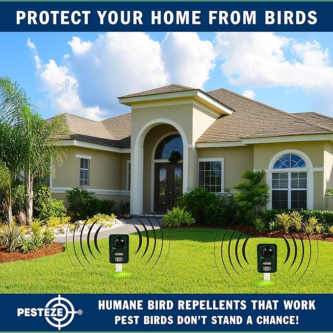 PESTEZE USA Solar Ultrasonic Bird Repeller– Motion-Activated Deterrent with Ultrasonic Sound to Deter Birds, Geese, Pigeons, Crows, & Small Critters; Outdoor Powered Device for Humane Yard Protection