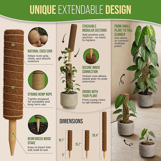Organo Republic Moss Pole Monstera Plant Support Stakes - Unique Self-Watering, Extendable Coco Coir Pole for Climbing Plant Supports for Potted Plants Indoor for Monstera, Pothos & More