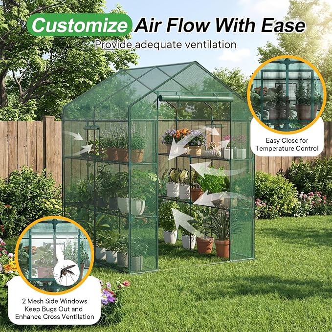 NEWBULIG Outdoor Greenhouse, Walk-in Greenhouse with 2 Tier 8 Plant Shelves, 56"×56"×77" Durable PVC Cover, Portable Greenhouses for Outdoor Garden, Patio, Porch, Backyard Green Houses, Green