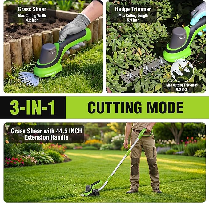 WORKPRO 7.2V Handheld Grass Trimmer, 2-in-1 Cordless Hedge Trimmer & Grass Shears with 44.5” Wheeled Extension Pole, 2Ah Battery, Shrub Trimmer for Lawn Edging, Garden, Yard & Hedge Trimming