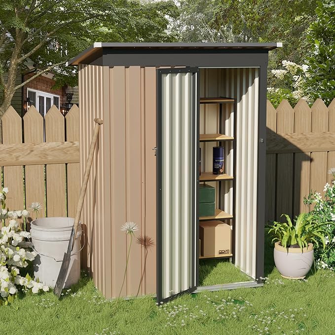 KEIKI 5x3 FT Metal Storage Shed with Pent Roof & Lockable Door, Small Outdoor Garden Tool Shed for Backyard, Patio, or Tiny House, Brown