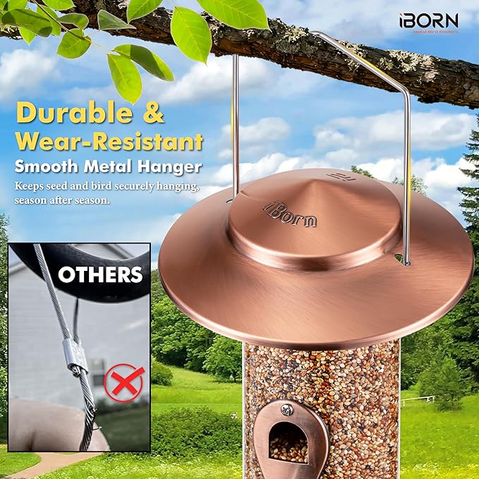 iBorn Bird Feeder Squirrel-Chew Proof Metal Hanging Birds Feeder Bird Feeders for Outdoors Hanging Outside for Cardinal, 3 Perches with 2 Feeding Ports, Brushed Copper (Seed is not Included)