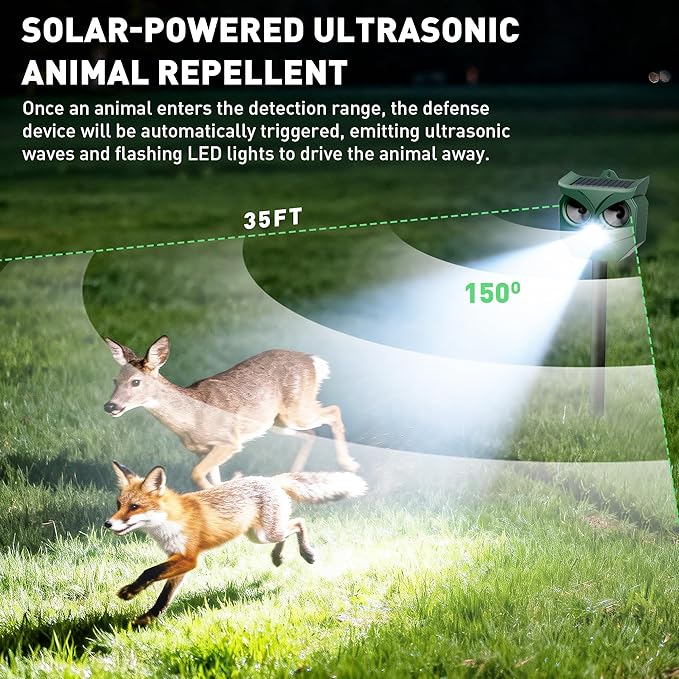 Ultrasonic Animal Repeller with LED Strobe Lights - Outdoor Solar Powered for Squirrels, Deer, Raccoons, Rabbits, Skunks, Cats, Dogs - Protects Garden, Yard, Lawn, Farm & Crops