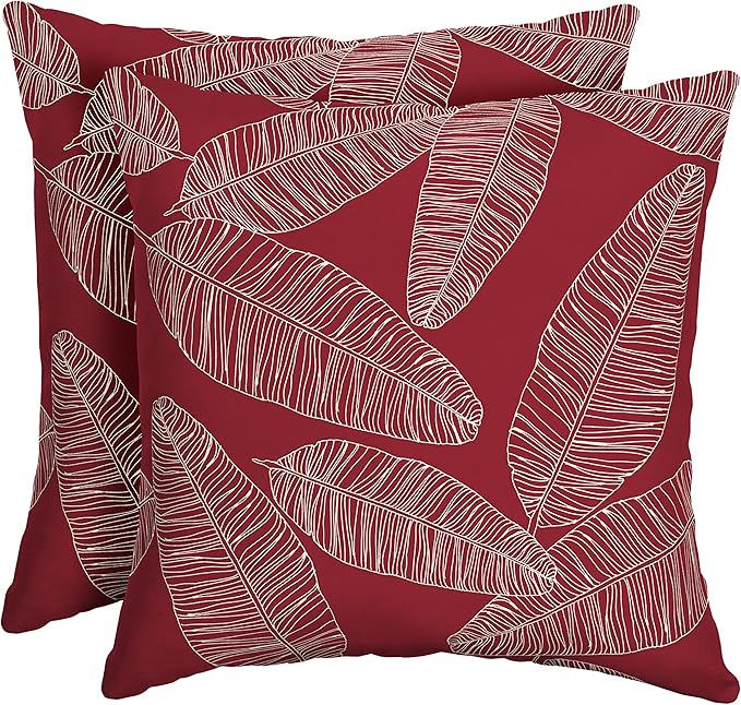 Arden Outdoor Toss Pillow, 2 Pack, 16 x 16, Rain-Proof, Fade Resistant Red Leaf Palm