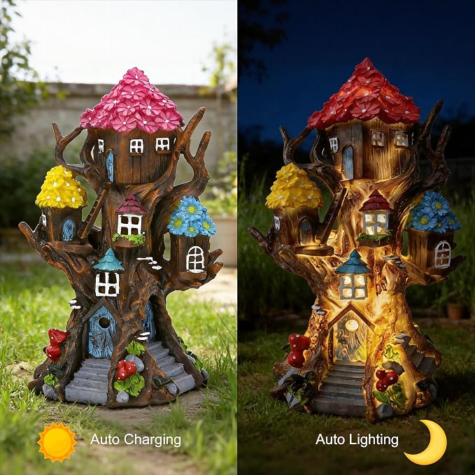 Solar Fairy House 11.8” Tall Fairy Garden House for Outside, Large Fairy Garden Treehouse Accessories Outdoor, Gnome House Garden Statue Fairy Tree House, for Home, Yard, Balcony Decor