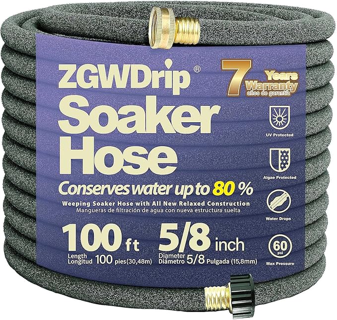 100FT 5/8" Water-Saving Soaker Hose with Solid Brass Connectors, High-Flow Drip Irrigation for Lawn & Landscaping with Metal Staples