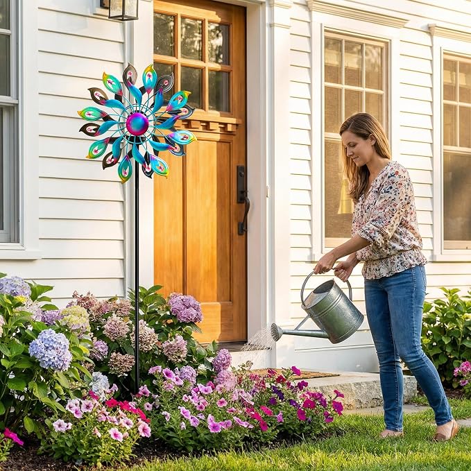 52'' Solar Wind Spinner Outdoor Metal - Kinetic Garden Wind Sculptures with Multi-Color Changing LED Glass Ball, Peacock Tail Design Yard Art Stake Decor for Patio, Lawn, Pathway Decoration