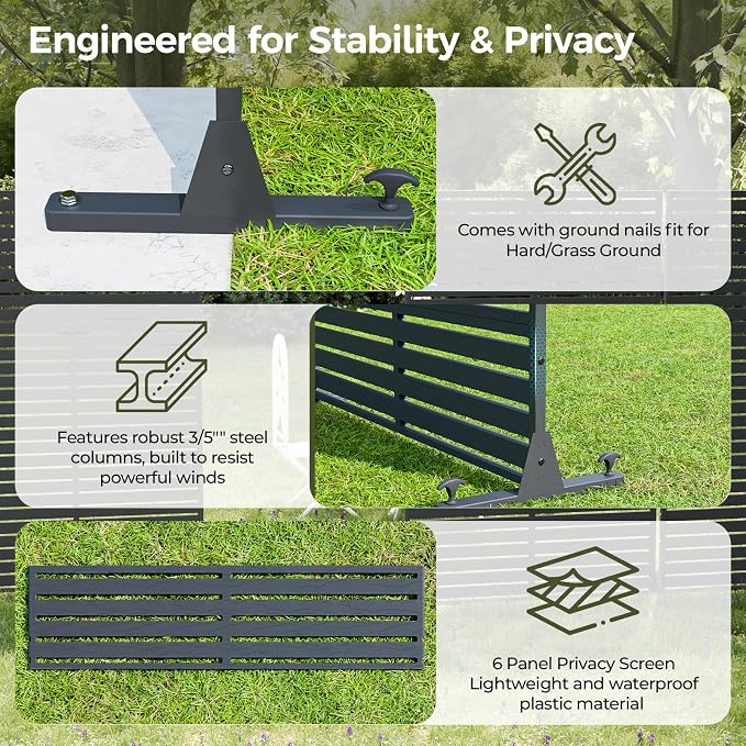 Outdoor Privacy Screen 72" Decorative Fence Panel, Air Conditioner Fence, Freestanding Privacy Screens with Stand, Weather-Resistant Patio Divider Panel for Outside, Balcony, Pool, Black