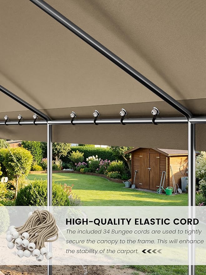 10 x 20 Ft Carport Replacement Cover, Heavy Duty Outdoor Car Tarp Canopy, Waterproof & UV Protected Tear Oxford Tarp with Ball Bungees (Frame is Not Included)