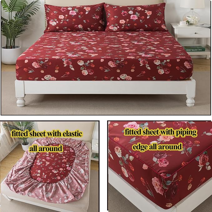 FADFAY Red Rose Sheets Cal King Vintage Rose Floral Bedding Chic Rose Flower Sheets Shabby Farmhouse Bedding 100% Egyptian Cotton 800 Thread Count Deep Pocket Fitted Sheet 4Pcs, California King Size