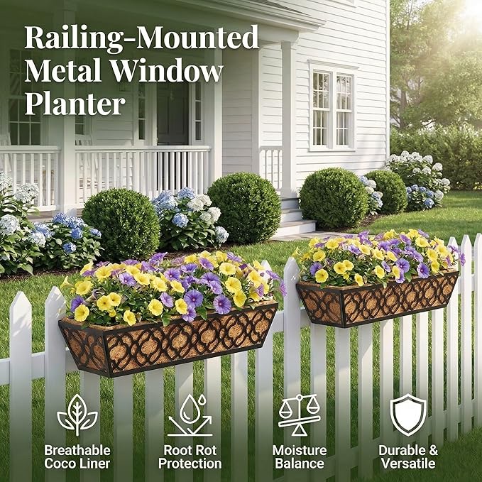 24 Inch Railing Planter Box with Coco Liner, Adjustable Metal Hanging Planter, Window Box for Balcony Deck Fence, Outdoor Flower Box Black, 4 Pack