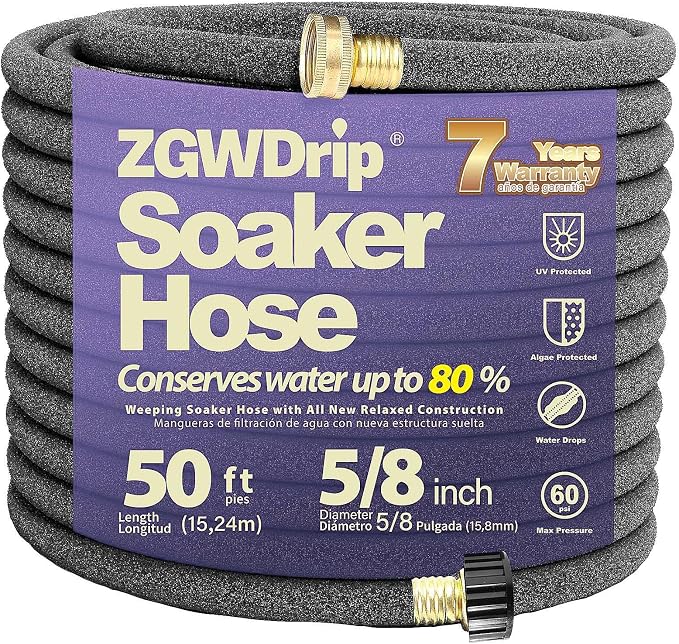 50FT 5/8" Water-Saving Soaker Hose with Solid Brass Connectors, High-Flow Drip Irrigation for Lawn & Landscaping