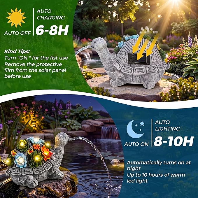 Jetec Solar Garden Statue Fountain Turtle, Pond Water Spitter Aerator, Lawn Decor Tortoise Statue with Succulent and LED Lights for Outdoor Patio, Yard, Ponds, Water Garden Decor