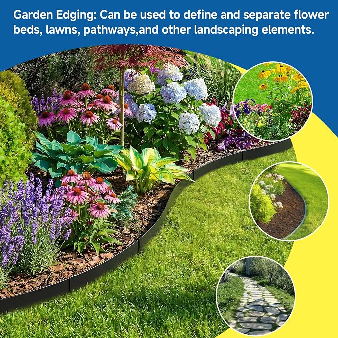 20Ft.Galvanized Steel Landscape Edging(6-Pack)-8"x40" Metal Garden Edging,7 Clips&Gloves,Hammer-in,No Dig,Rustproof,for Landscaping,Tree Rings,Garden,Yard&Pathway–Black